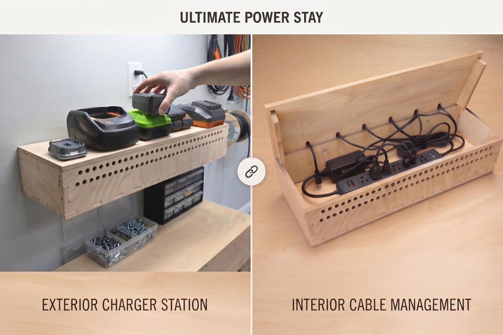 Extra Large Battery Charger & Cable Organizer Box – 28 Inch Heavy Duty Wood Garage Storage