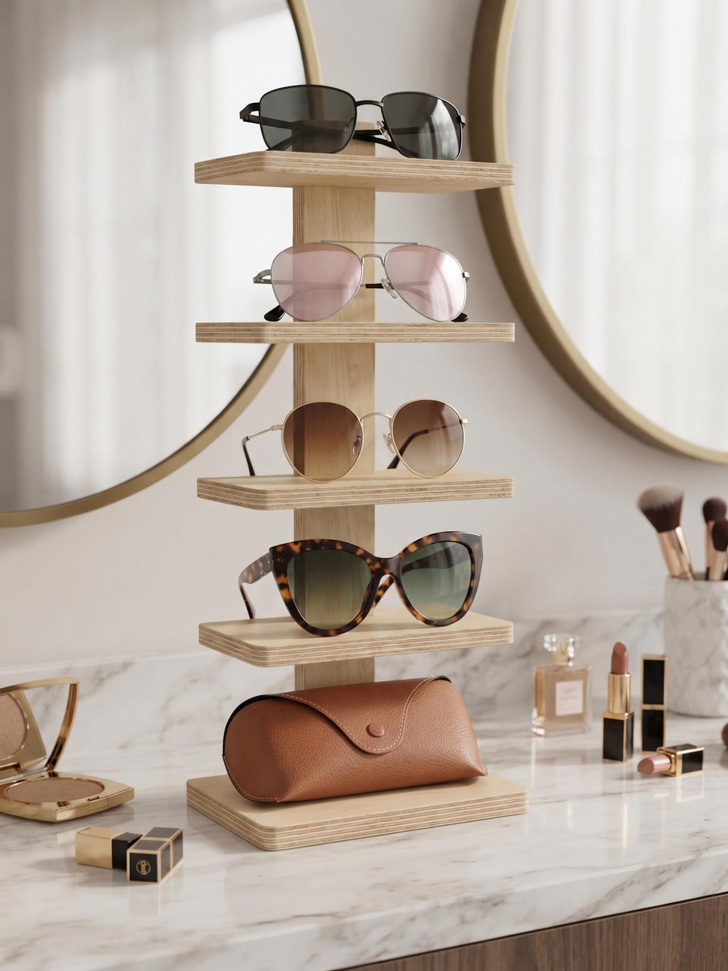 Wooden Sunglasses Organizer – 5-Pair Sunglass & Visor Holder, Freestanding or Wall Mount