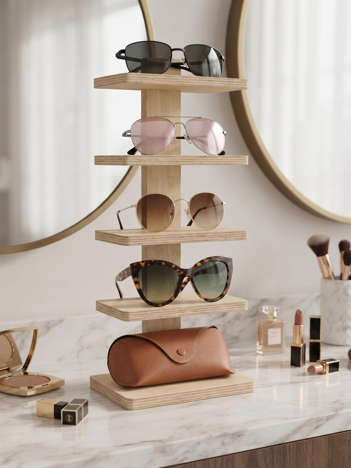 Wooden Sunglasses Organizer – 5-Pair Sunglass & Visor Holder, Freestanding or Wall Mount