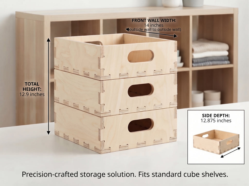 Birch Plywood Storage Crate: Interlocking Cube Shelf Organizer (12.875" W x 14" D x 4.3" H)