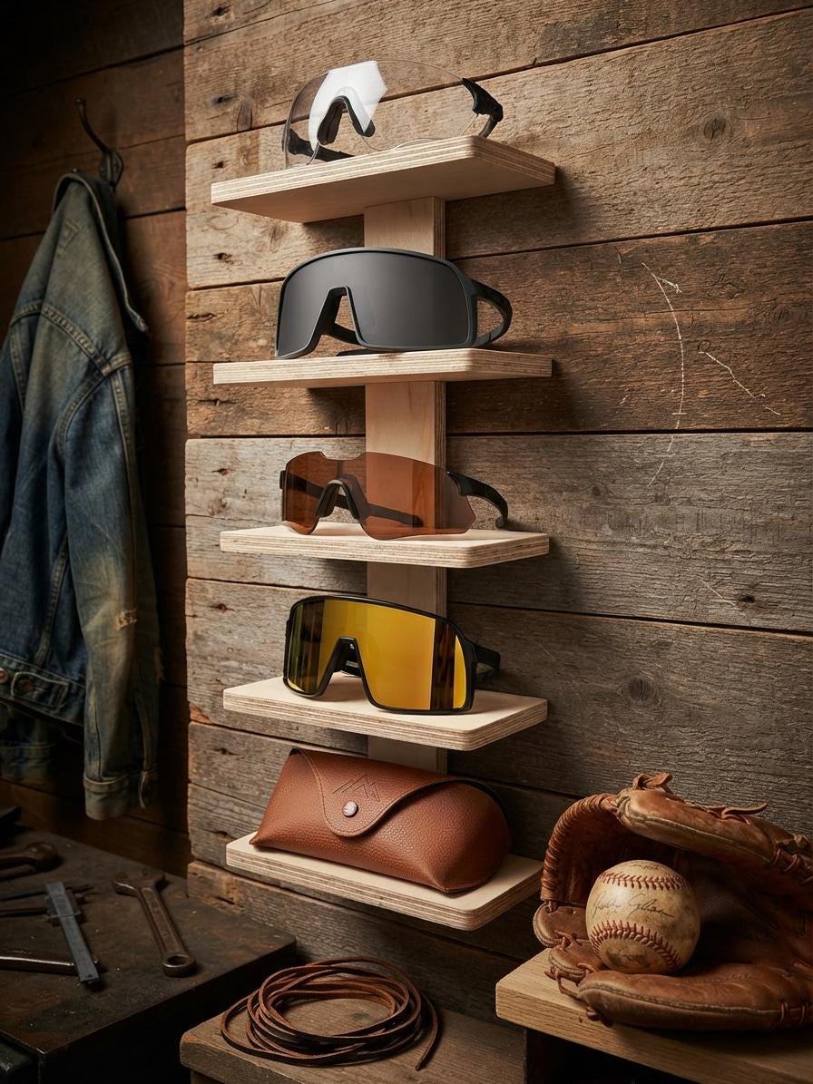 Wooden Sunglasses Organizer – 5-Pair Sunglass & Visor Holder, Freestanding or Wall Mount
