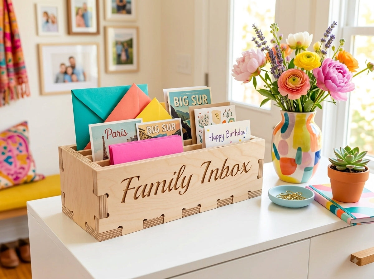 Wooden Countertop Mail Organizer Box – Family Letter & Bill Holder with 4 Slots