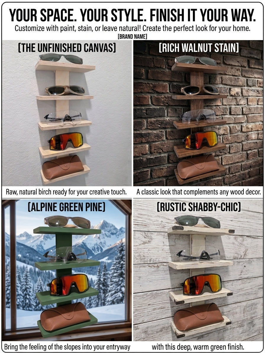 Wooden Sunglasses Organizer – 5-Pair Sunglass & Visor Holder, Freestanding or Wall Mount