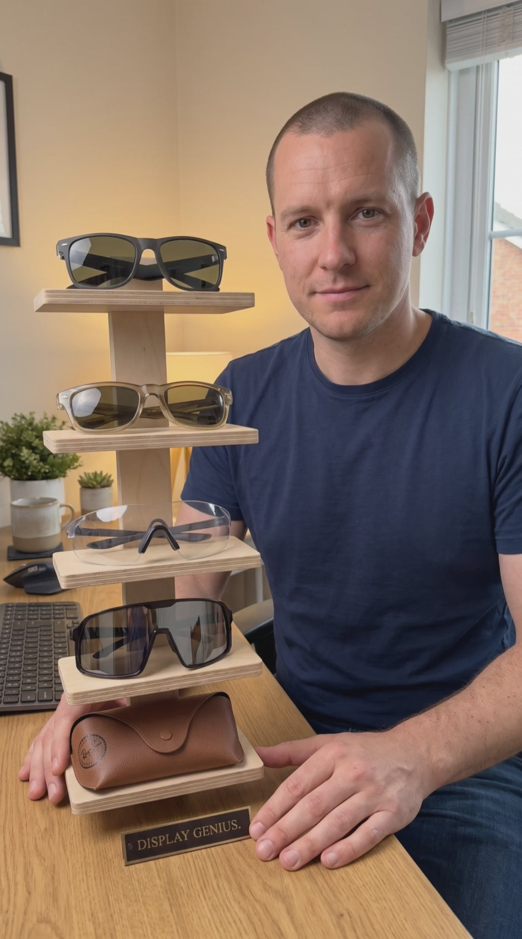 Wooden Sunglasses Organizer – 5-Pair Sunglass & Visor Holder, Freestanding or Wall Mount