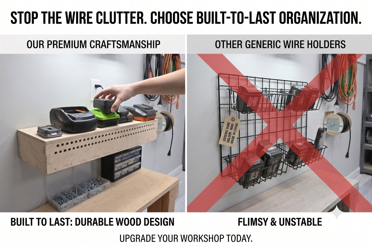 Extra Large Battery Charger & Cable Organizer Box – 28 Inch Heavy Duty Wood Garage Storage
