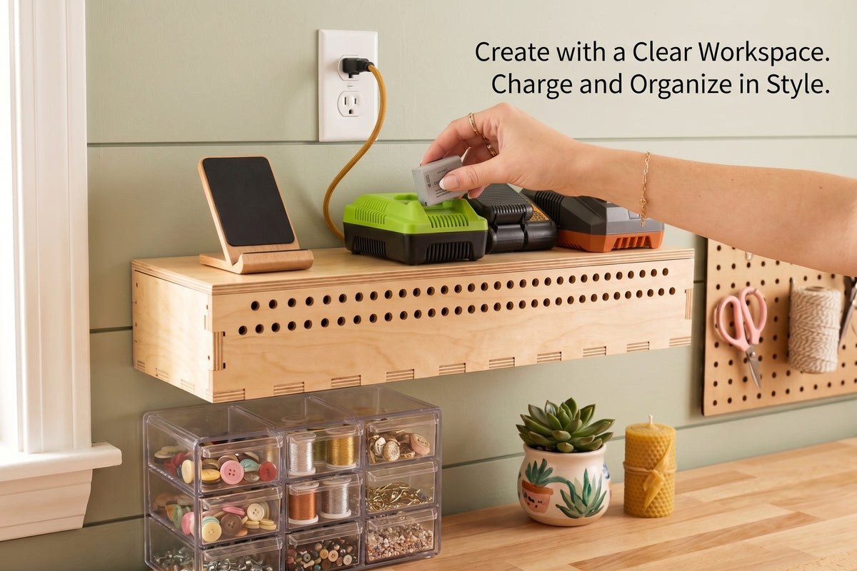 Extra Large Battery Charger & Cable Organizer Box – 28 Inch Heavy Duty Wood Garage Storage