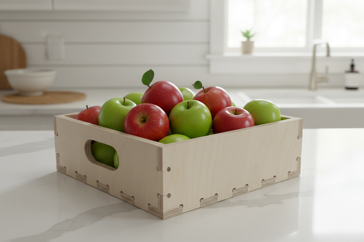 Wooden crate filled with fresh apples in a farmhouse kitchen